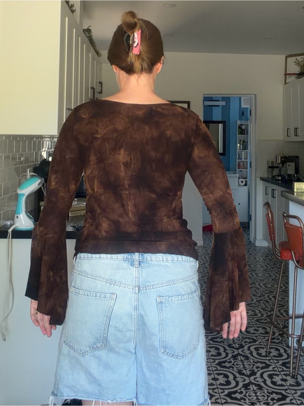 Y2K Brown Floral Embroidered Bell Sleeve Long Sleeve Top - Picture 8 of 14